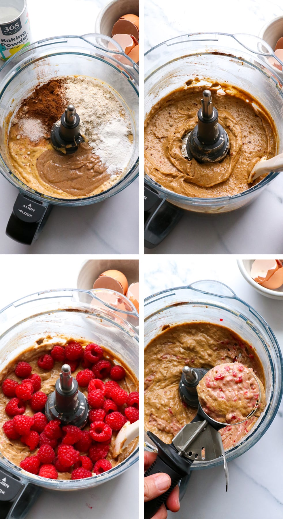 food processor with healthy muffin batter and berries inside. 