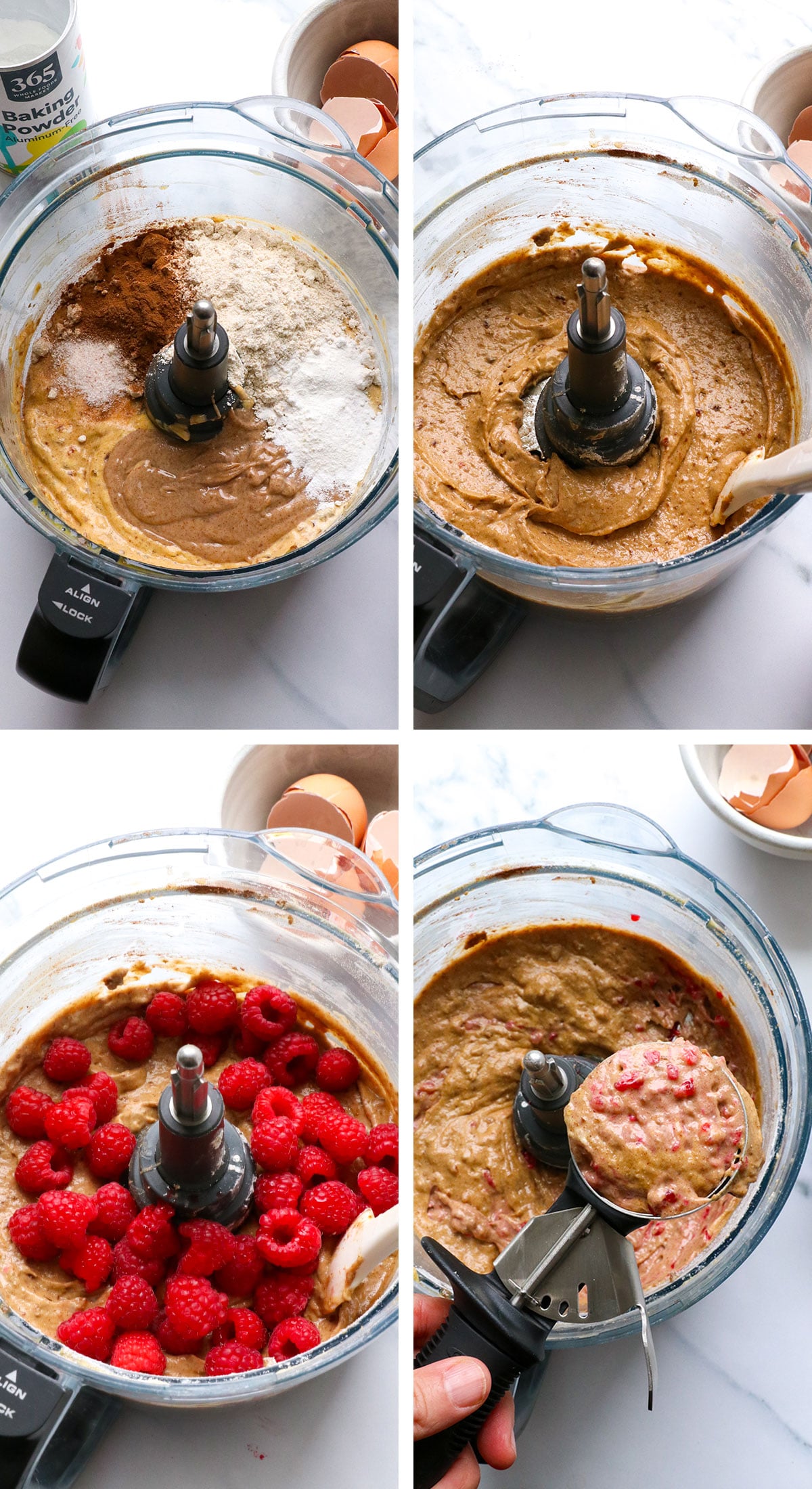 food processor with healthy muffin batter and berries inside.