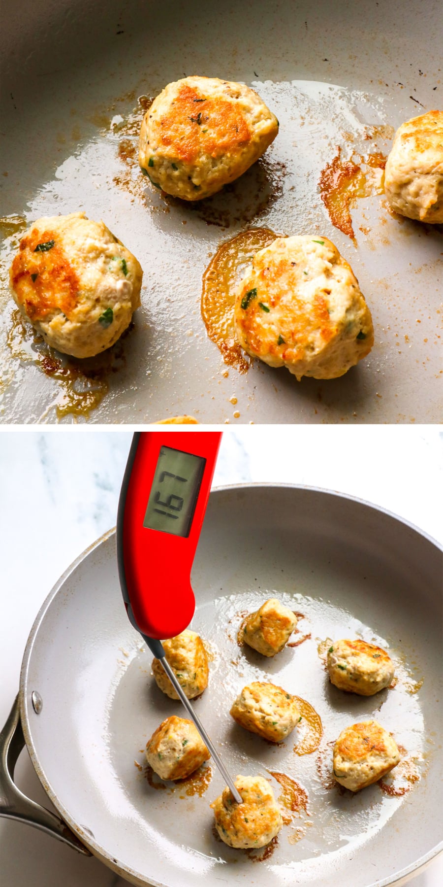 greek chicken meatballs cooked in a skillet until browned.