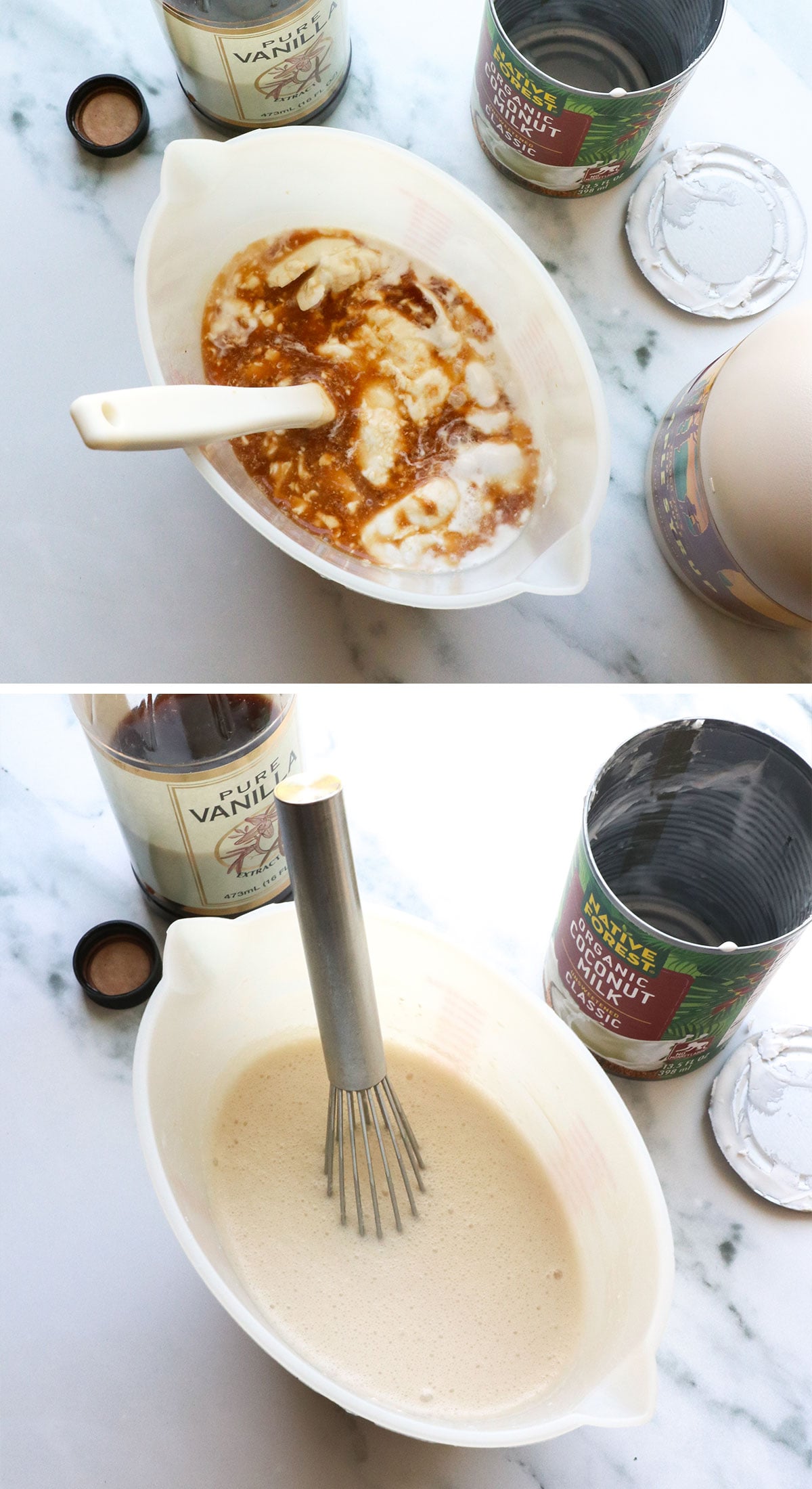 coconut milk whisked with maple syrup and vanilla. 