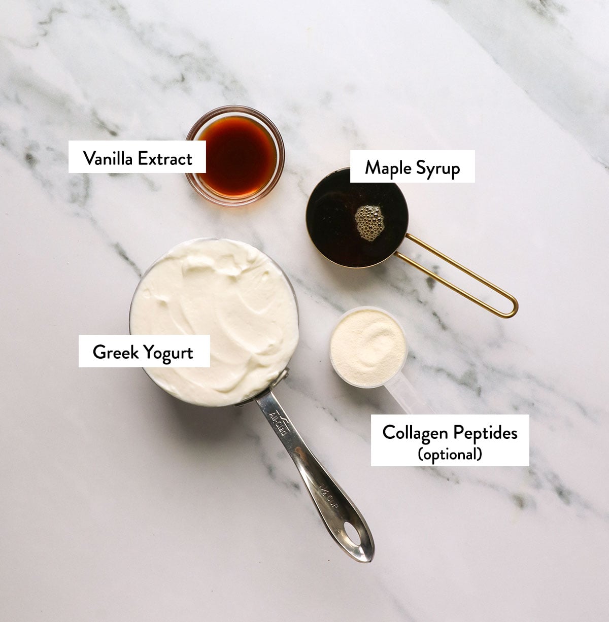 greek yogurt, maple syrup, vanilla extract, and collagen labeled in bowls.