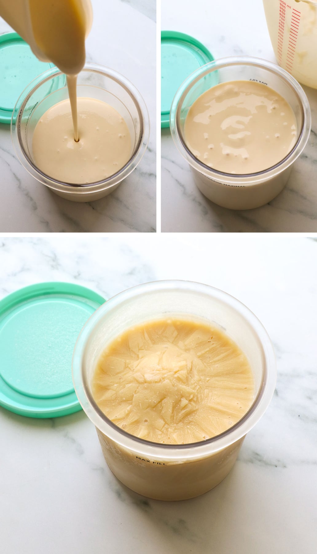 greek yogurt ice cream mixture poured into a Ninja Creami pint.