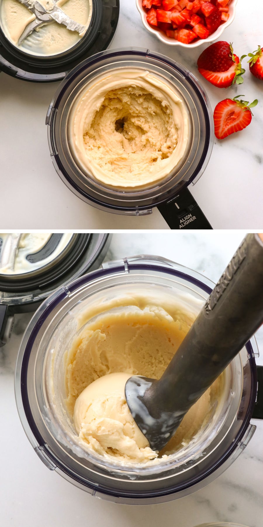 greek yogurt ice cream processed in the Ninja Creami until it's ready to scoop.