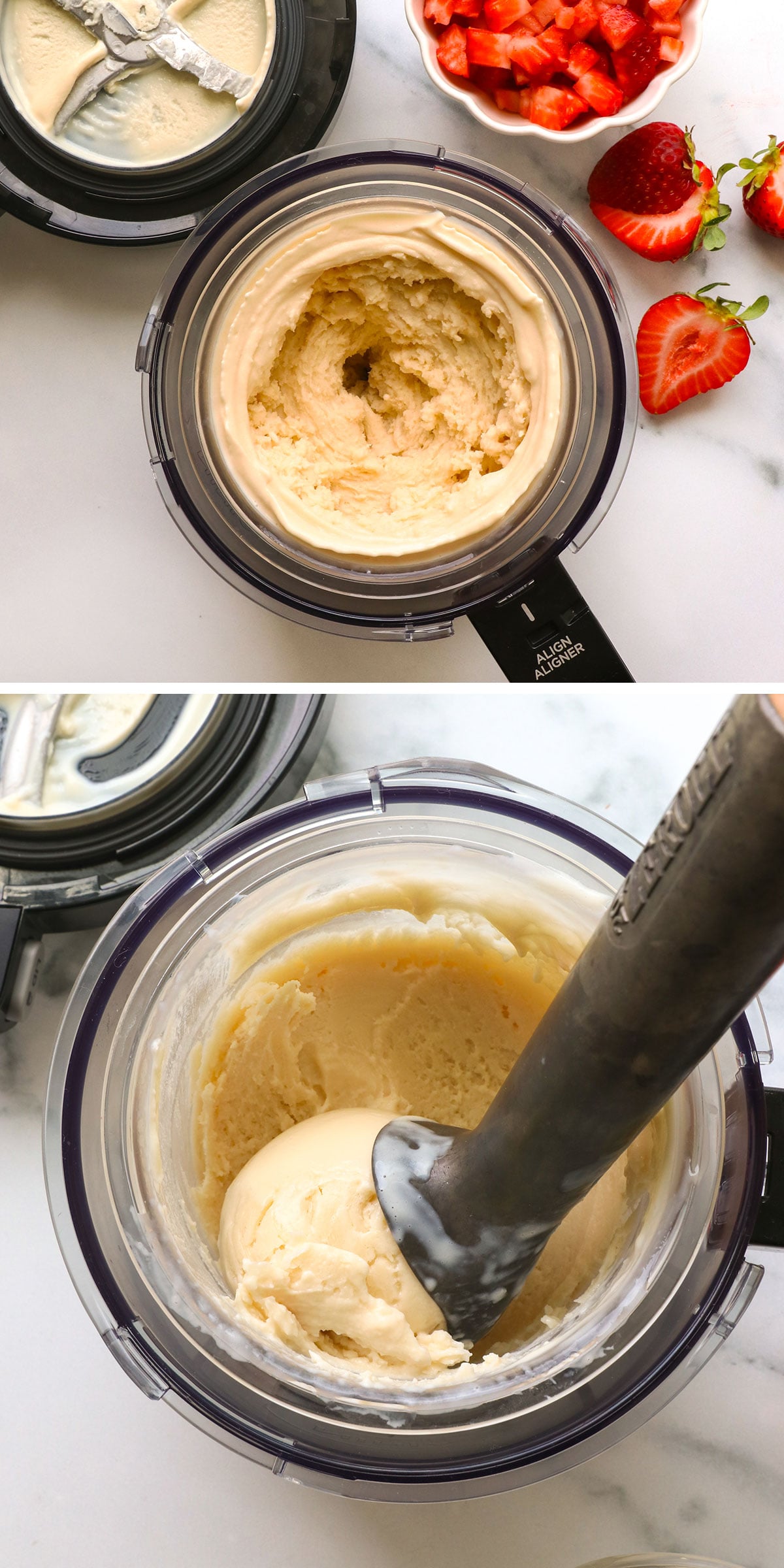 greek yogurt ice cream processed in the Ninja Creami until it's ready to scoop.
