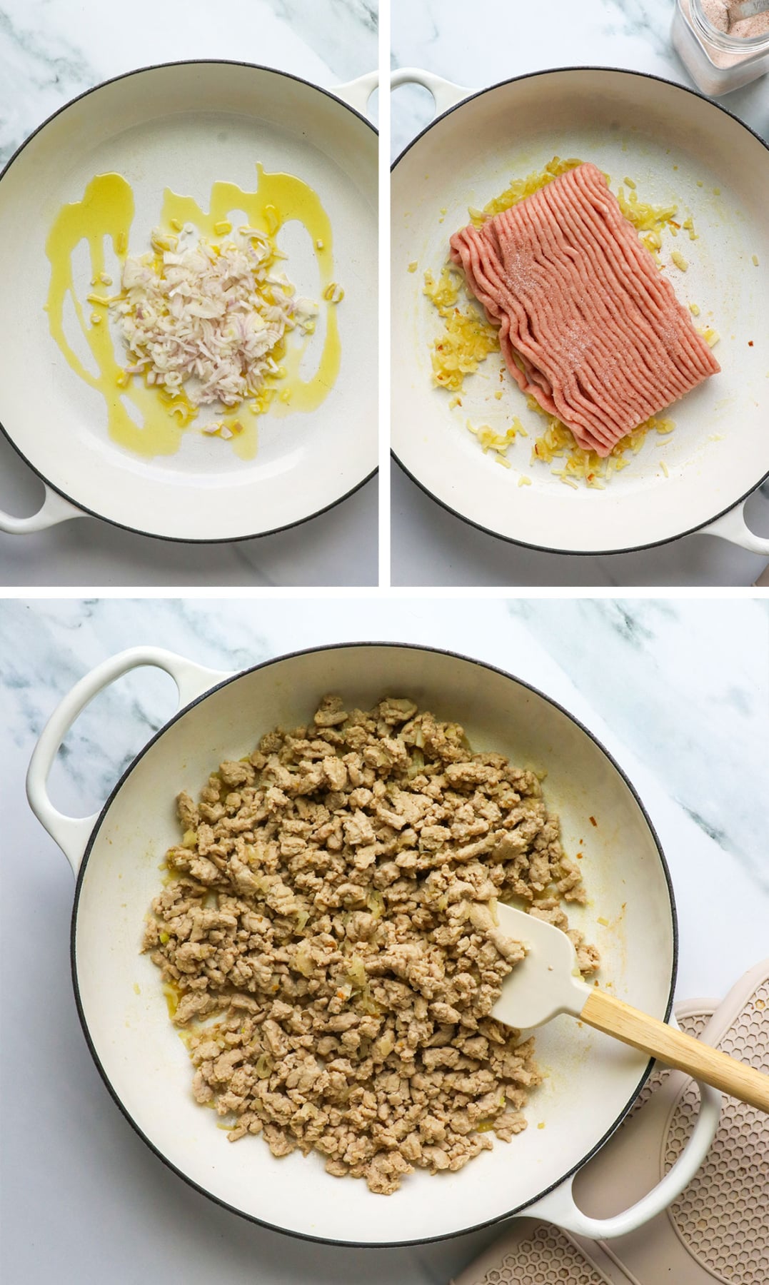 shallot and ground turkey cooked in a white skillet. 