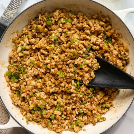 turkey lettuce wrap filling ready to serve in a white pan.
