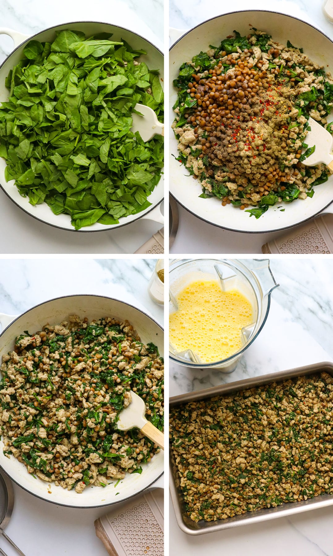 ground turkey cooked with spinach and lentils and added to a baking dish. 