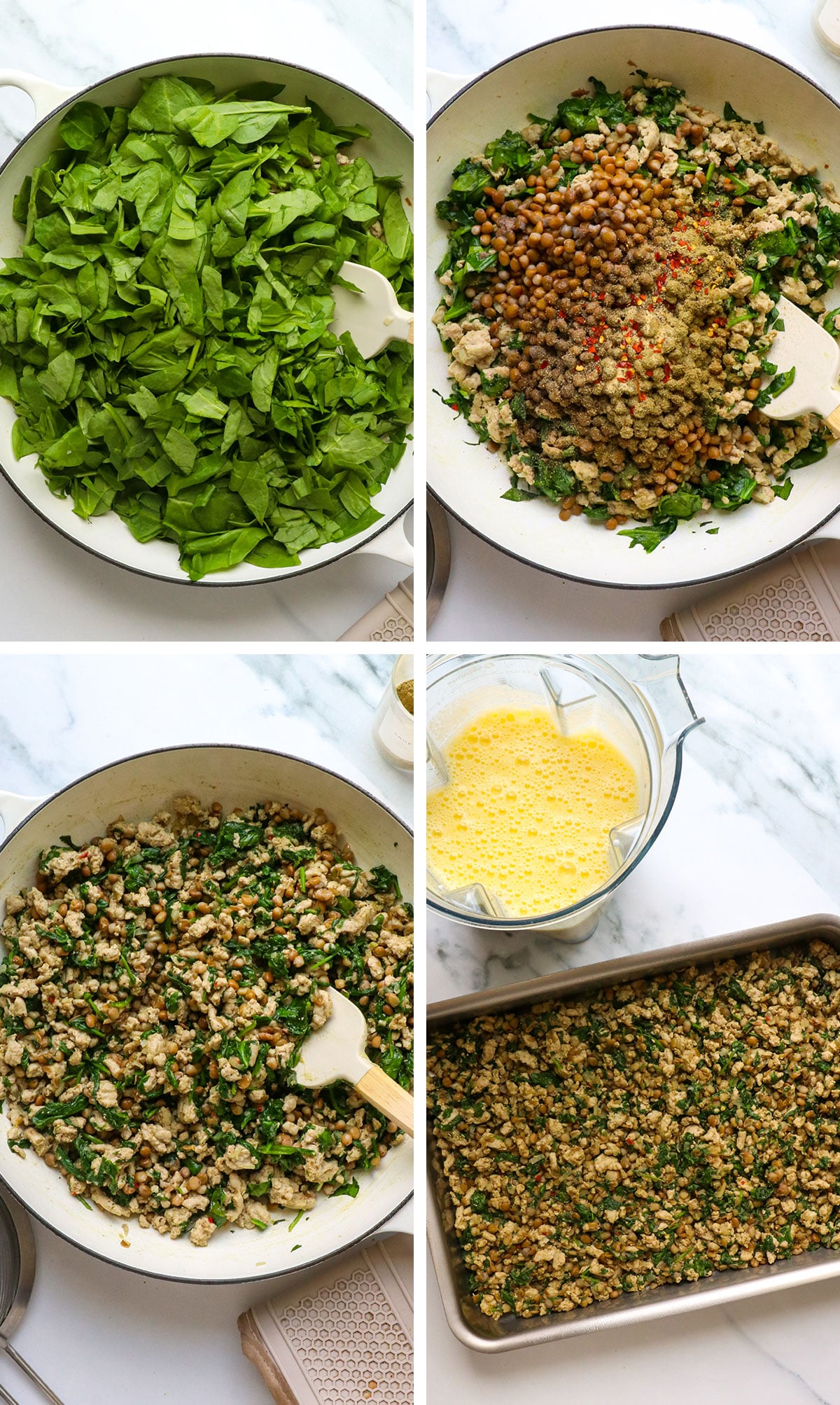 ground turkey cooked with spinach and lentils and added to a baking dish.