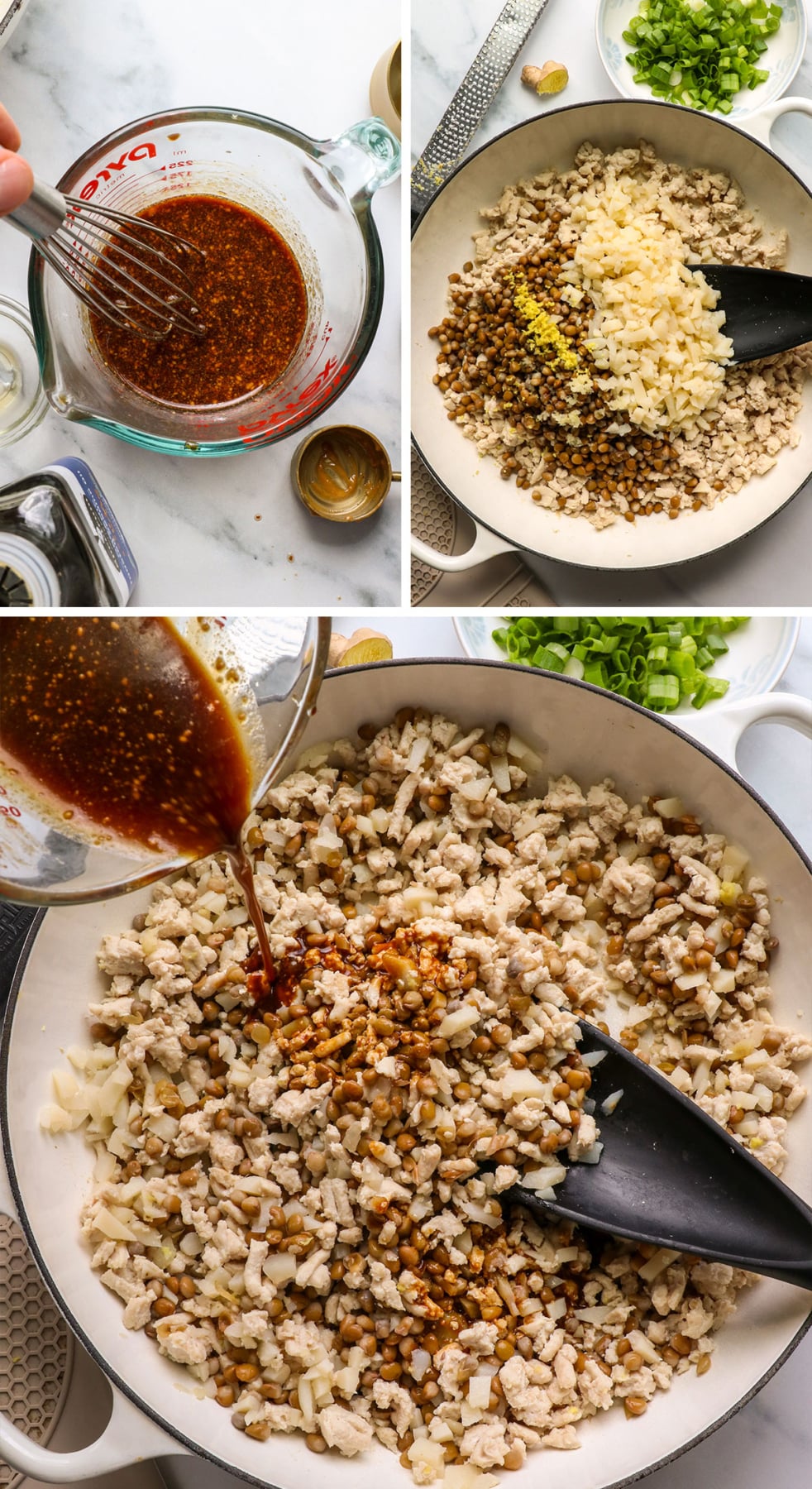 sauce and water chestnuts and lentils added to ground turkey.