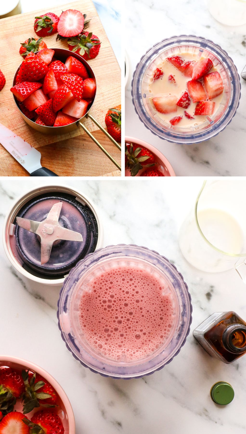 strawberries in a measuring cup and blended with milk.