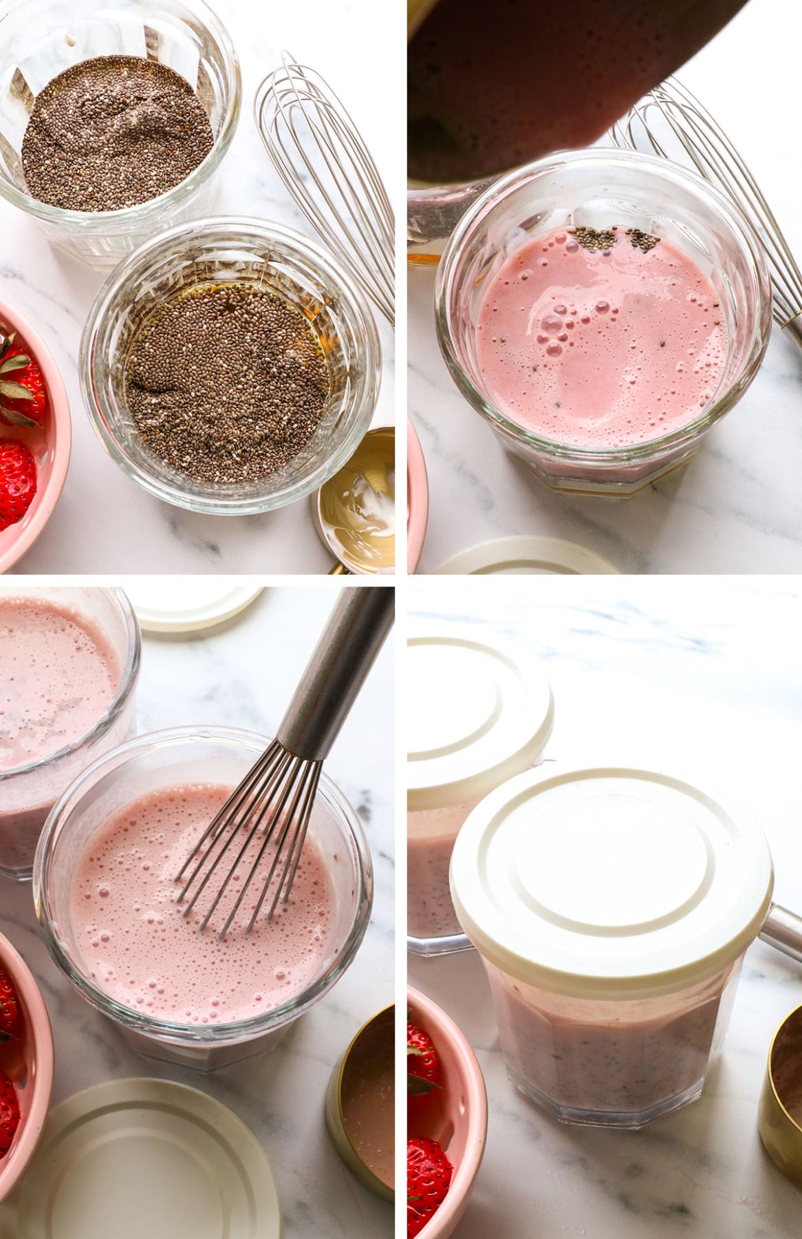 chia seeds whisked with strawberry milk in glass jars with lids.