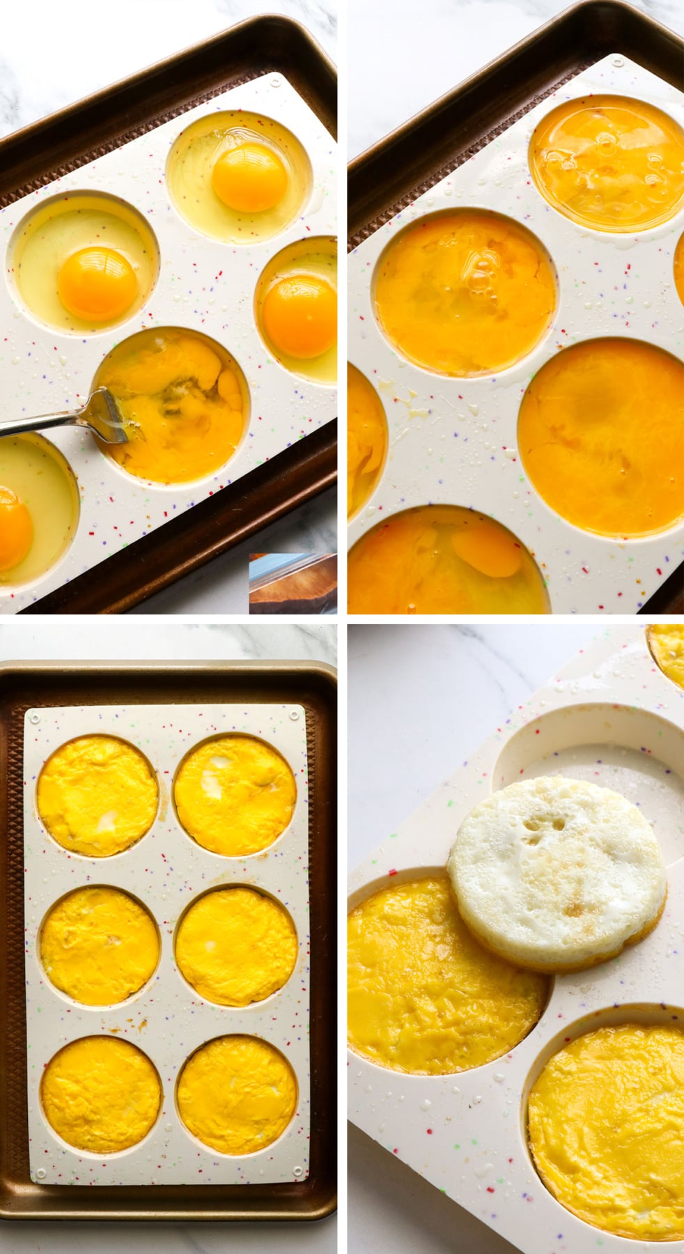 before and after baking eggs in a silicone muffin top pan.