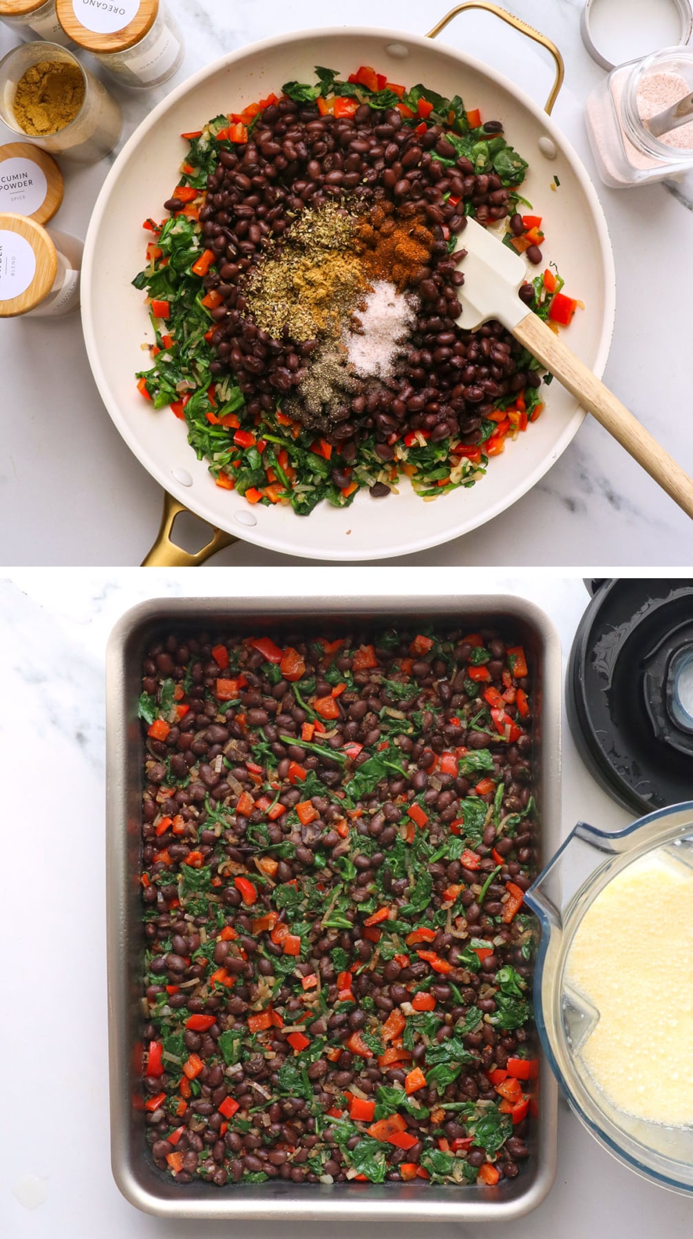 black beans and veggies spread out in a casserole pan for the egg bake.