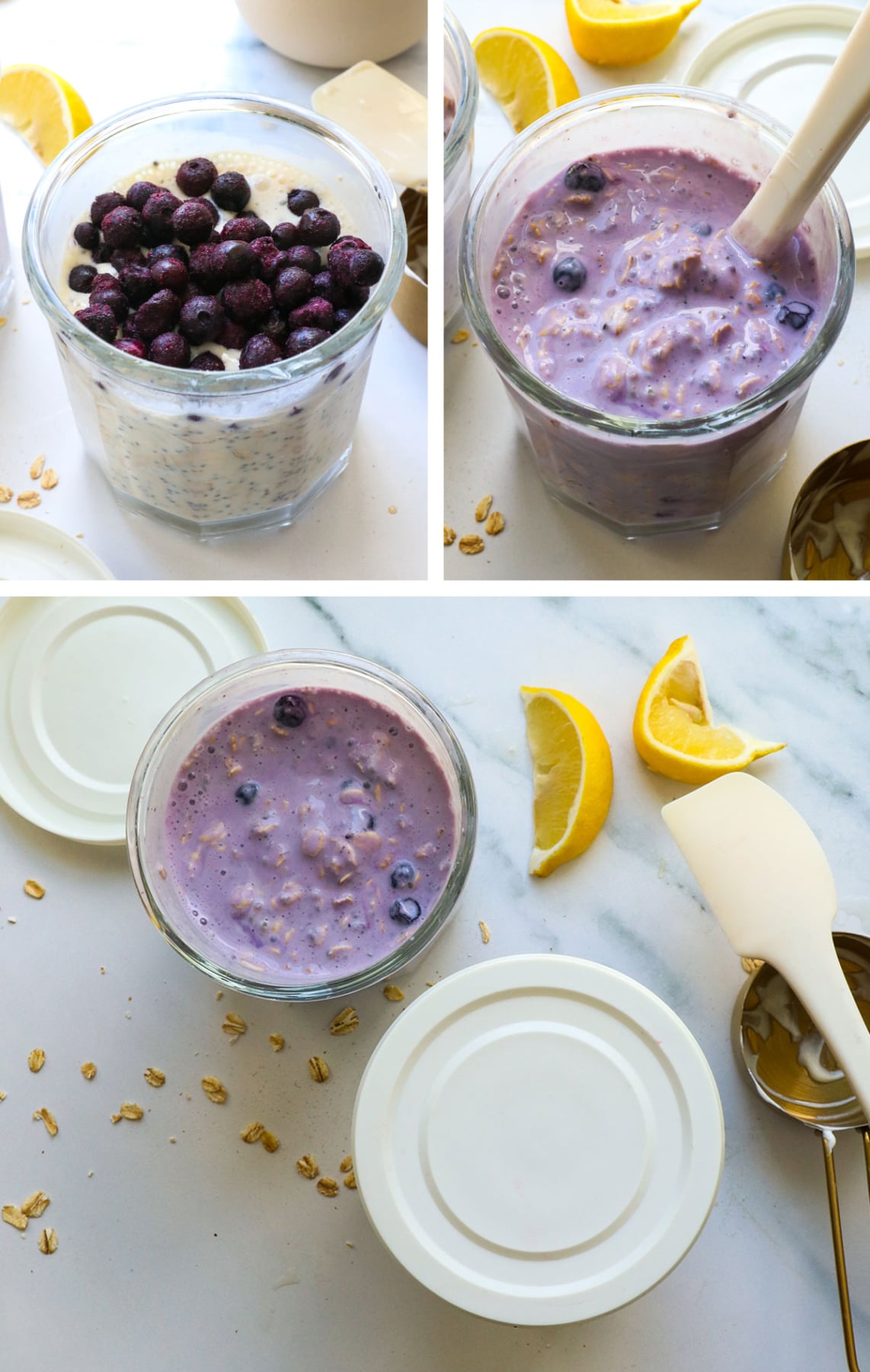 blueberries mixed into overnight oats and lids added to two jars.