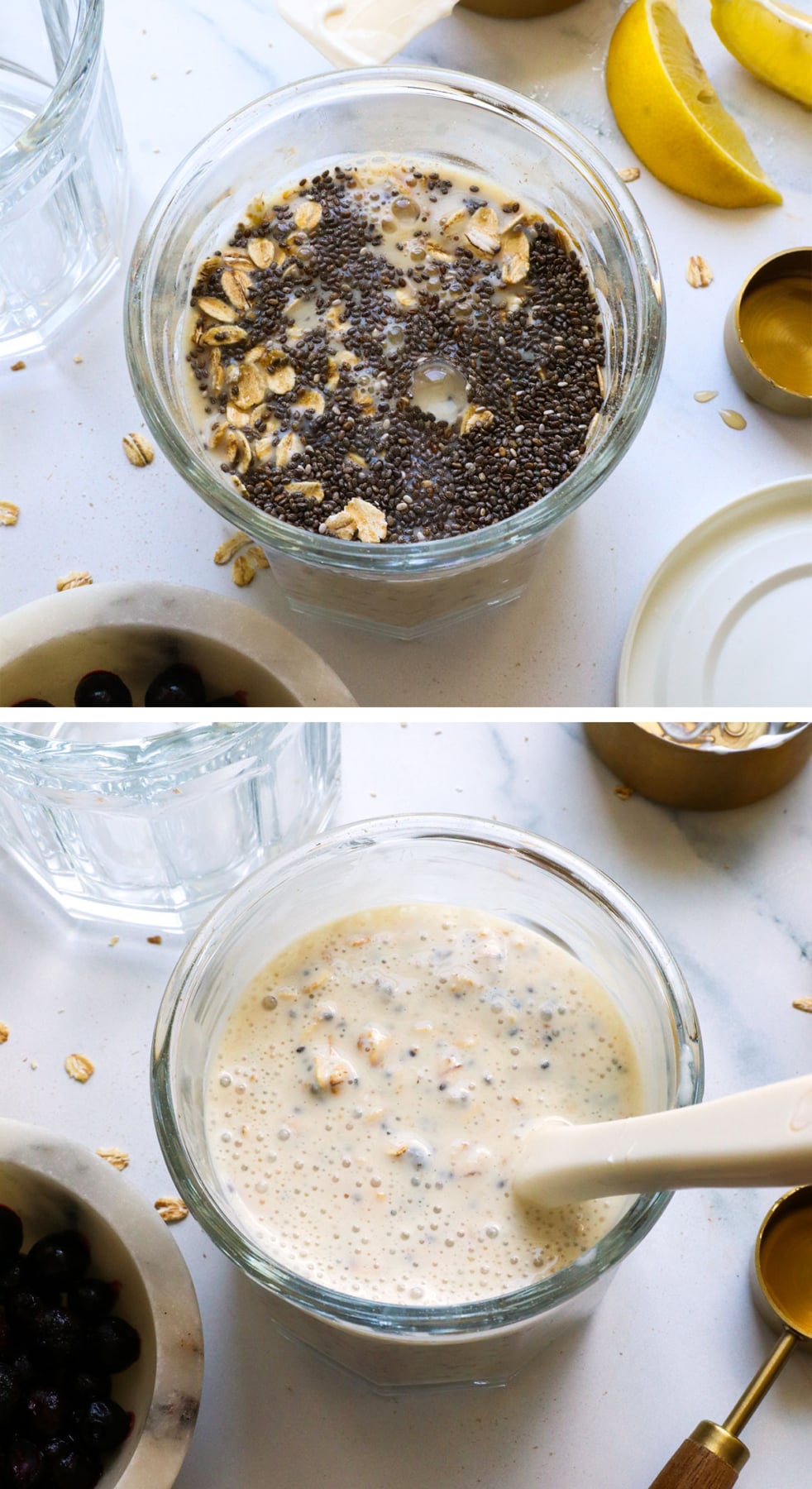 chia seeds mixed with yogurt and milk in a jar.