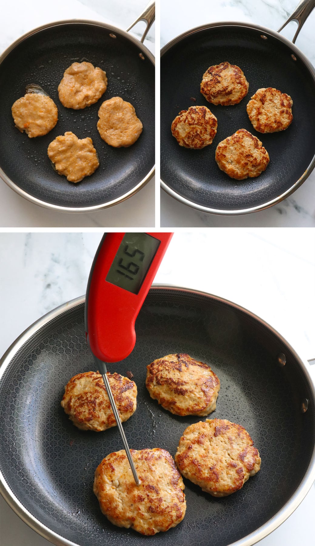 chicken patties cooked in a pan until the center reaches 165ºF on a thermometer.