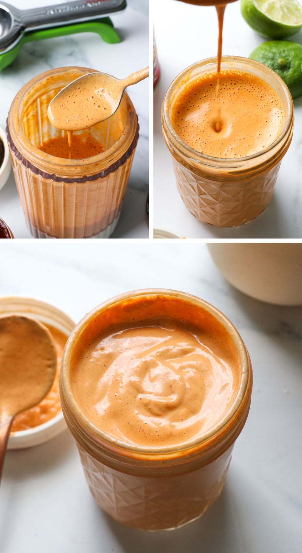 blended chipotle sauce before and after thickening in the fridge.