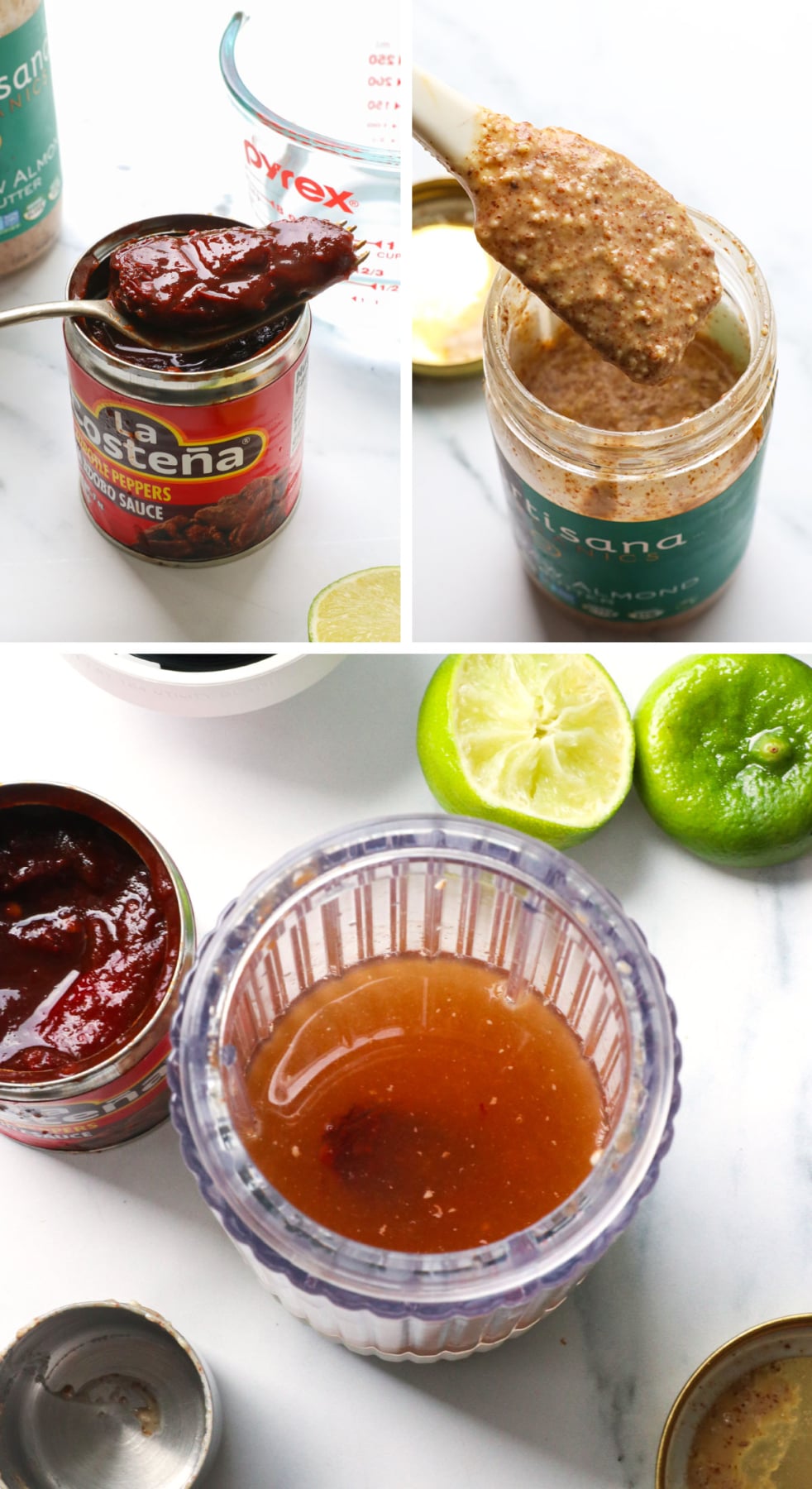 chipotle pepper and almond butter lifted on utensils to show texture before going into a blender.