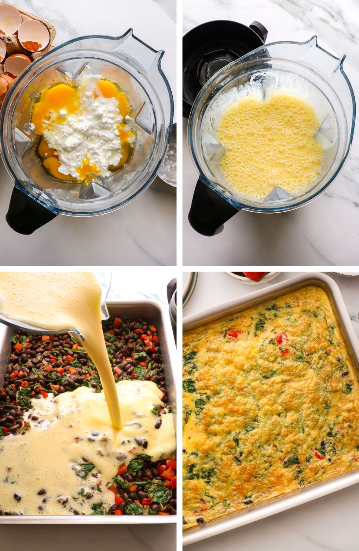 cottage cheese blended with eggs and poured into casserole.