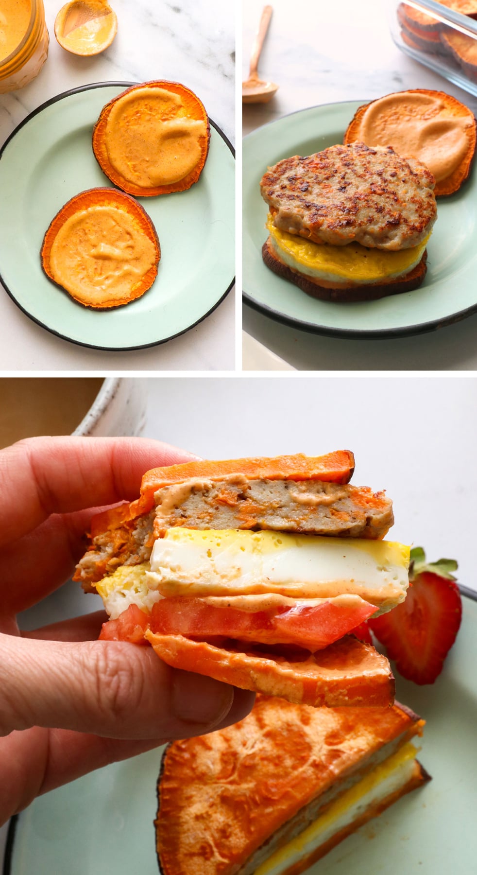 sweet potato slices topped with chipotle sauce, eggs, and a sausage patty to make a sandwich.