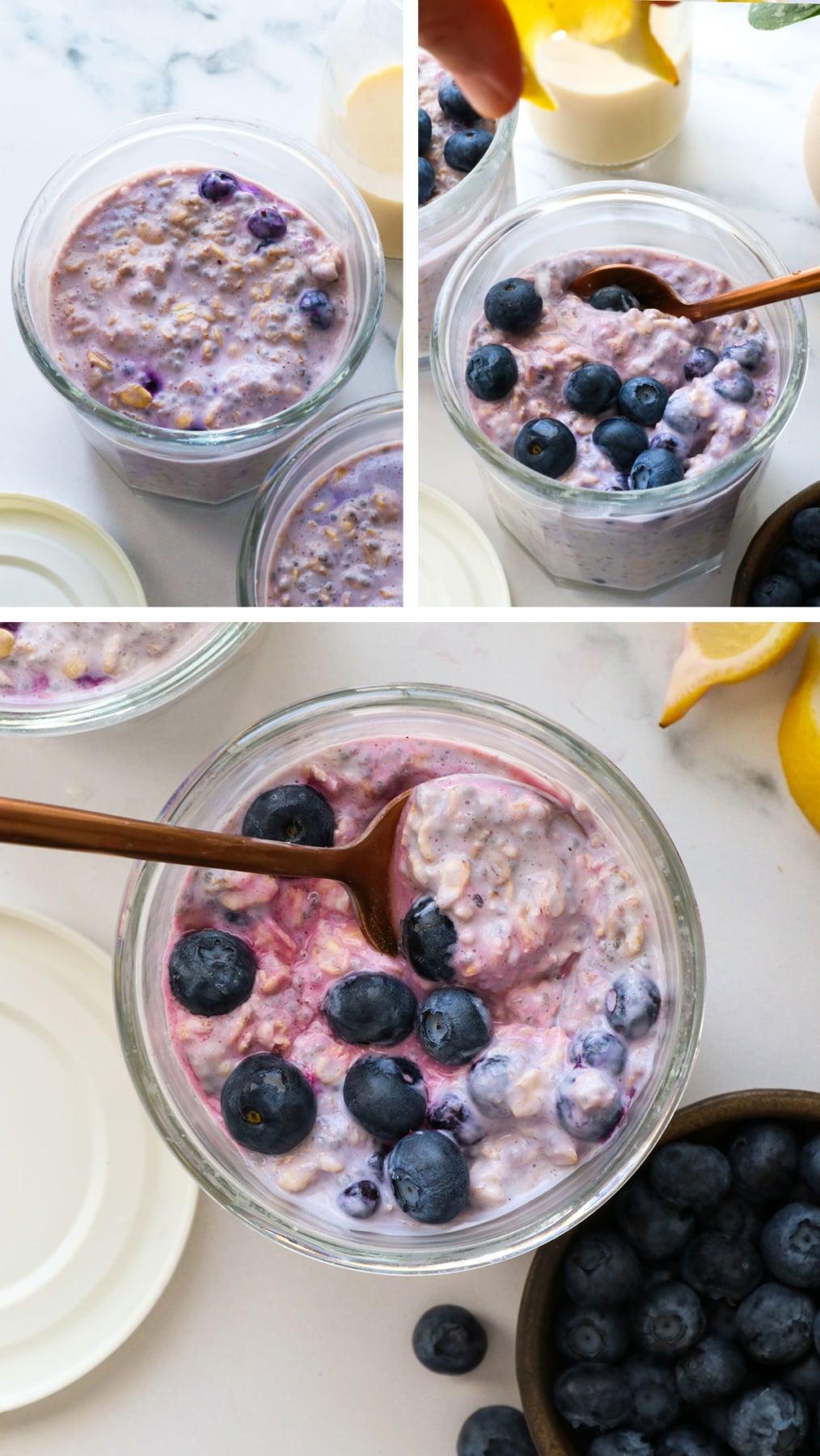 lemon juice squeeze on blueberry oats and served with a spoon.