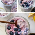 lemon juice squeeze on blueberry oats and served with a spoon.