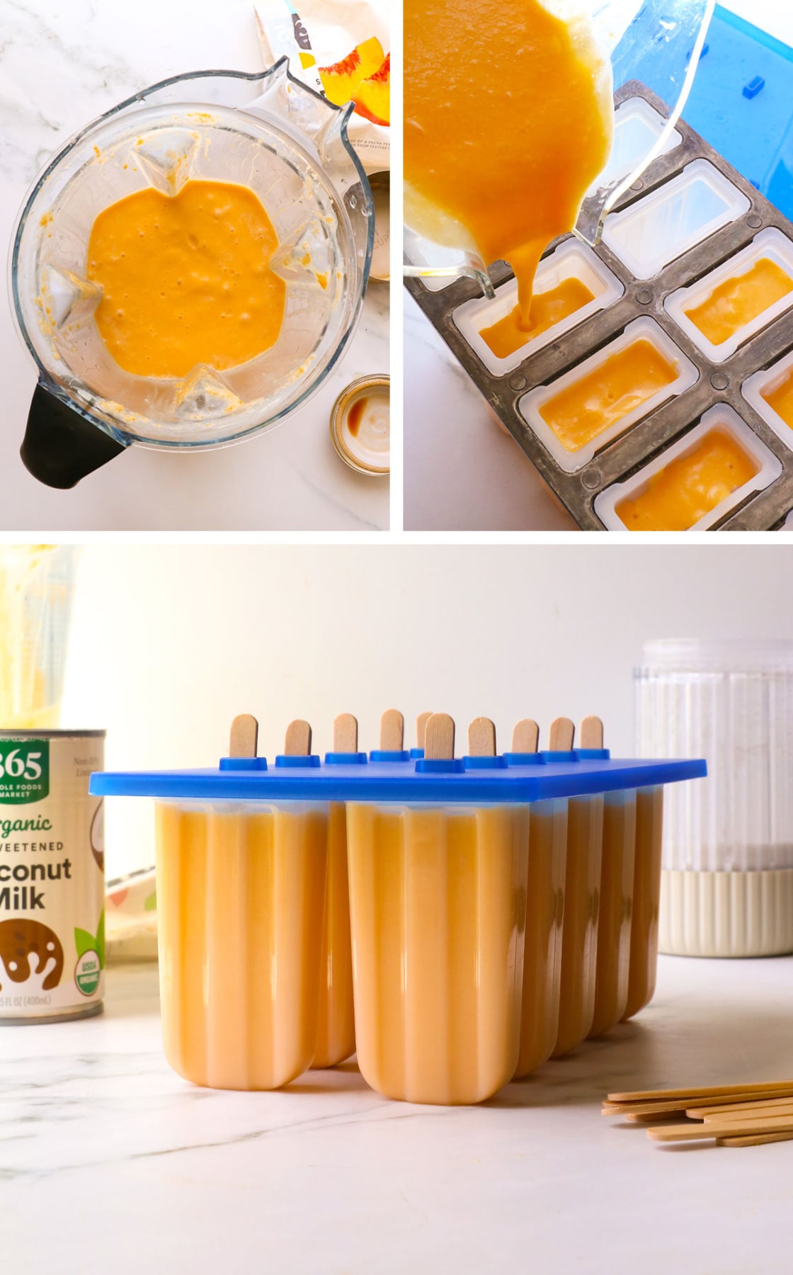 blended peach mixture poured into a popsicle mold.