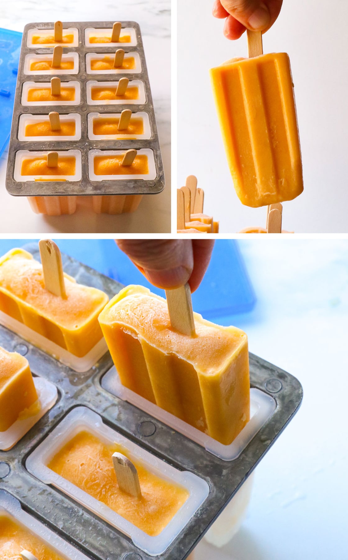 frozen peach popsicles removed from the mold.