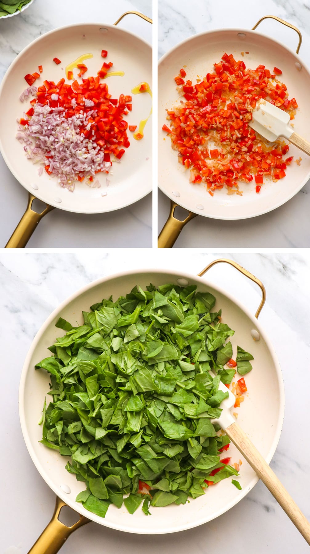 shallot and bell pepper sauteed with spinach in a pan.