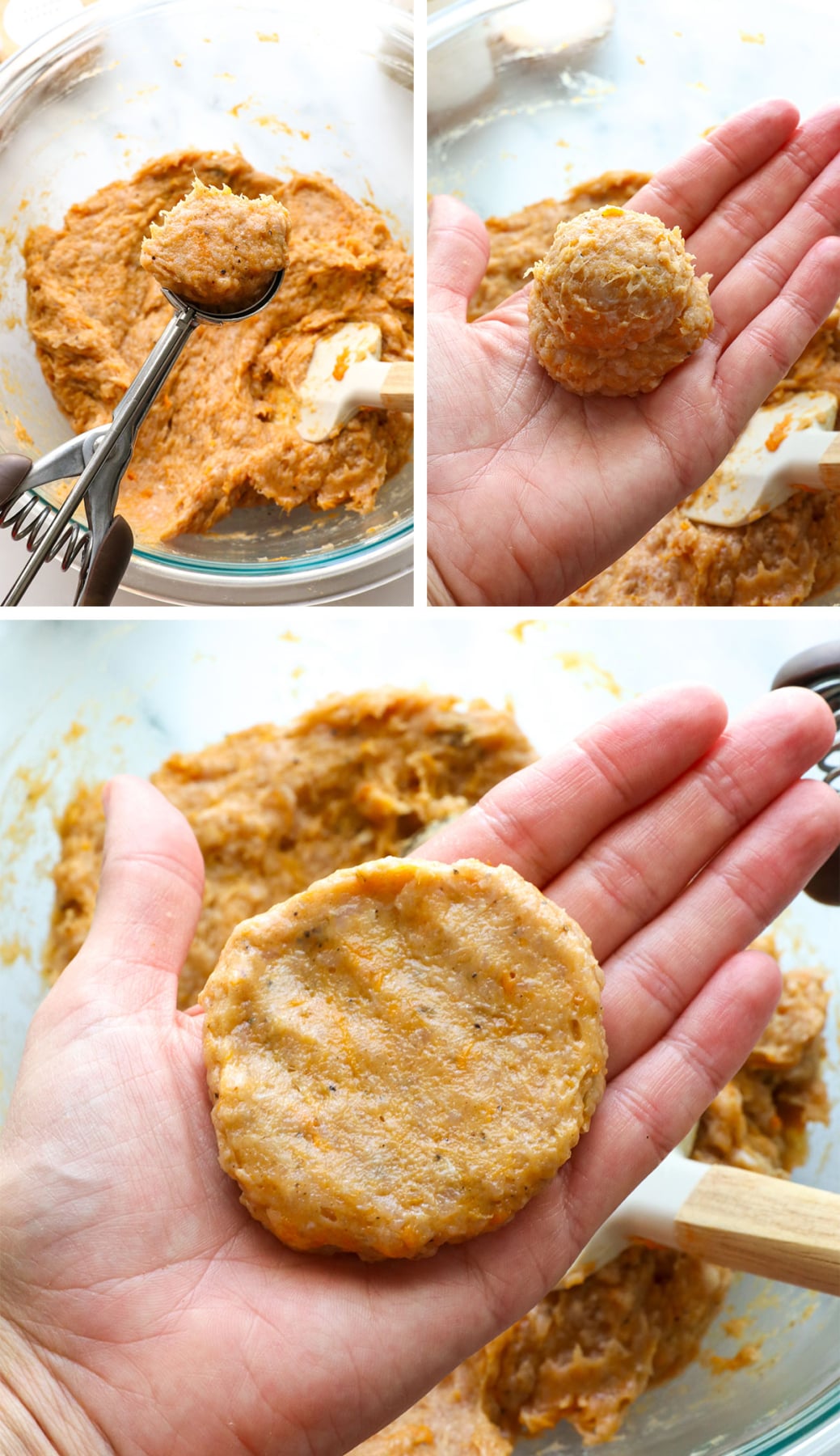 chicken breakfast sausage patties shaped in a hand.