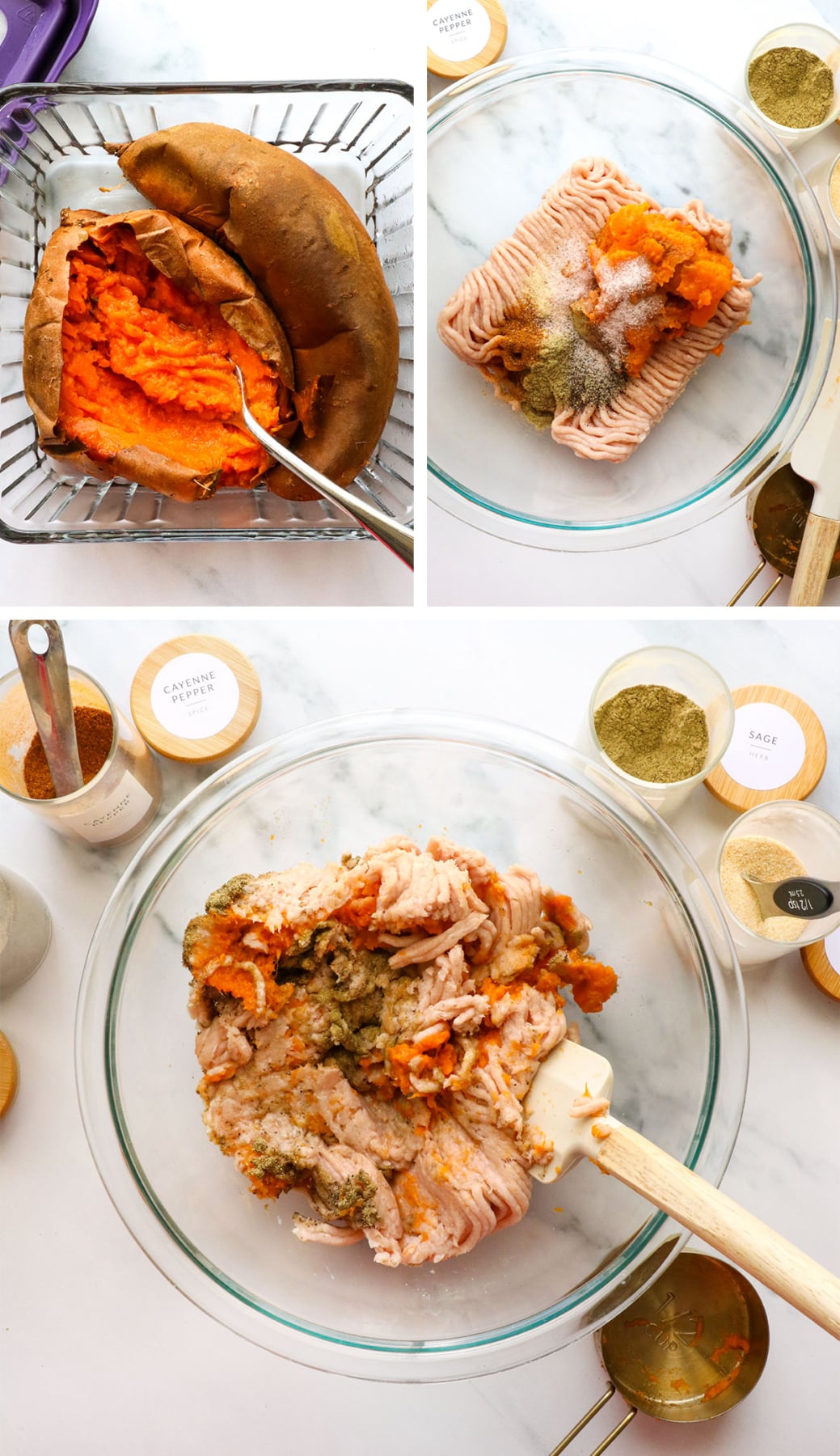 sweet potato and ground chicken added to a bowl with spices.