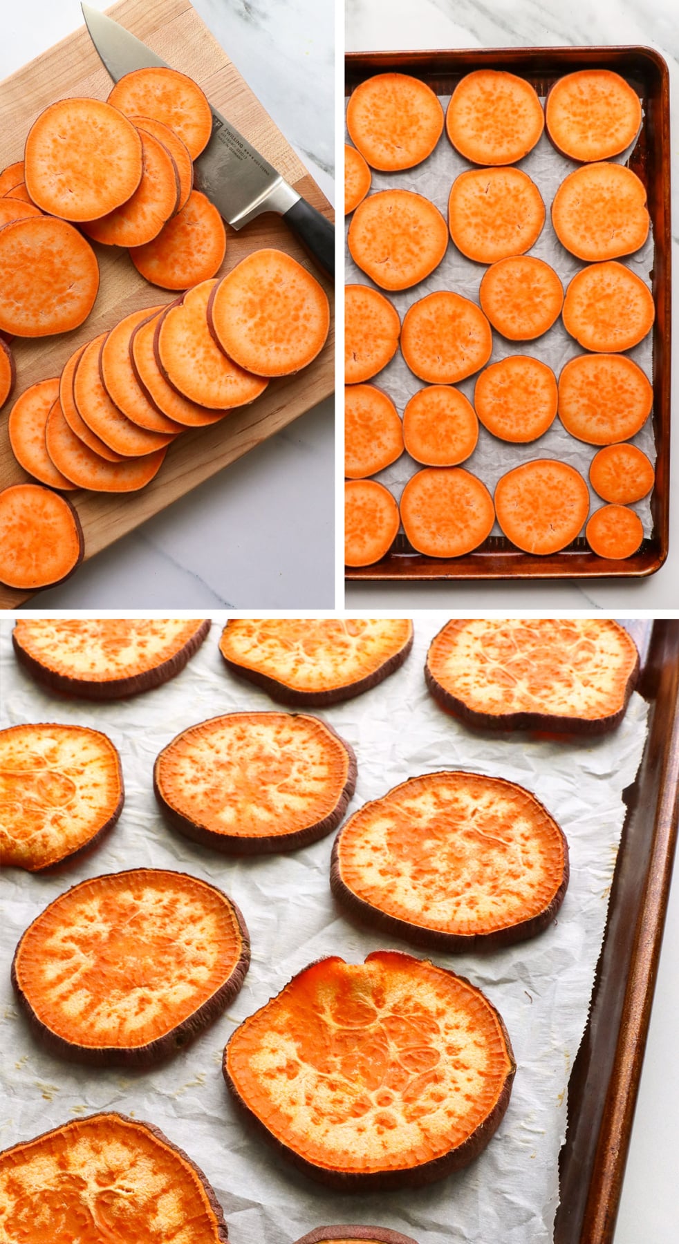 sweet potato slices before and after roasting on a pan.