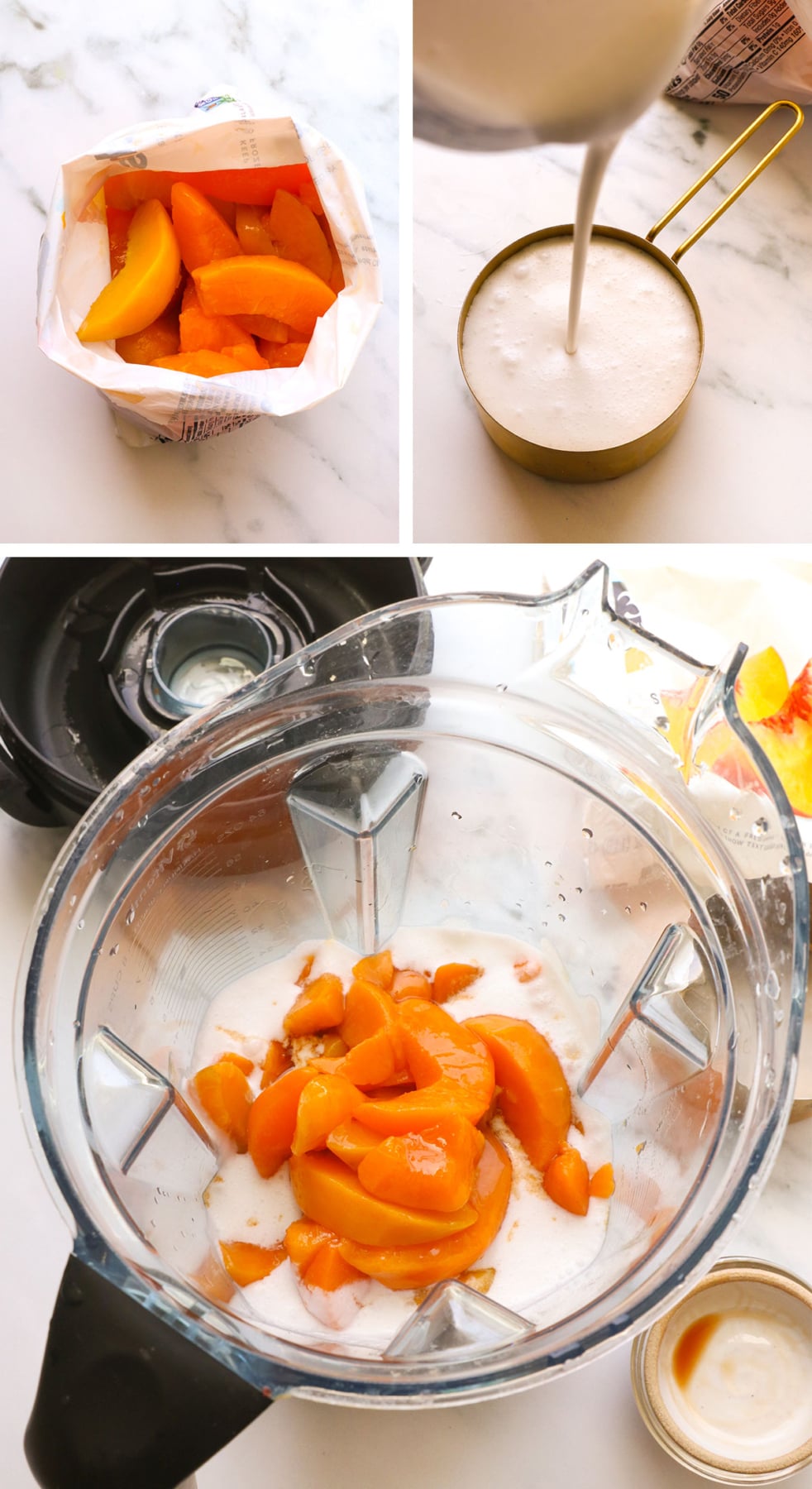peaches thawed and coconut milk poured into a blender.