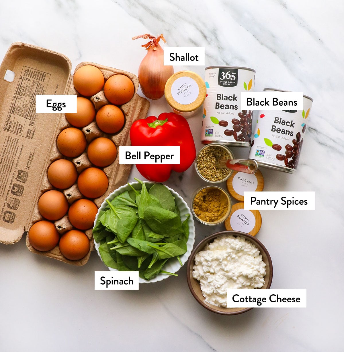 eggs, spinach, shallot, cottage cheese, and black beans labeled on a white surface.
