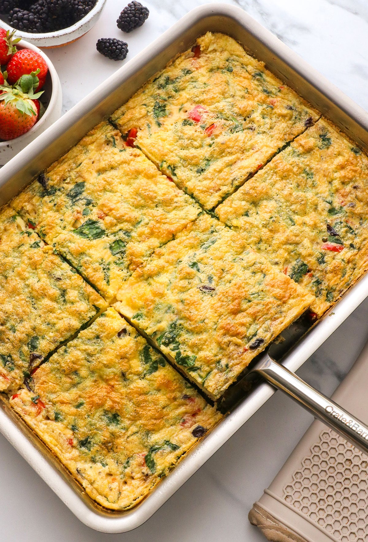 vegetarian egg casserole sliced into 6 big pieces for serving.