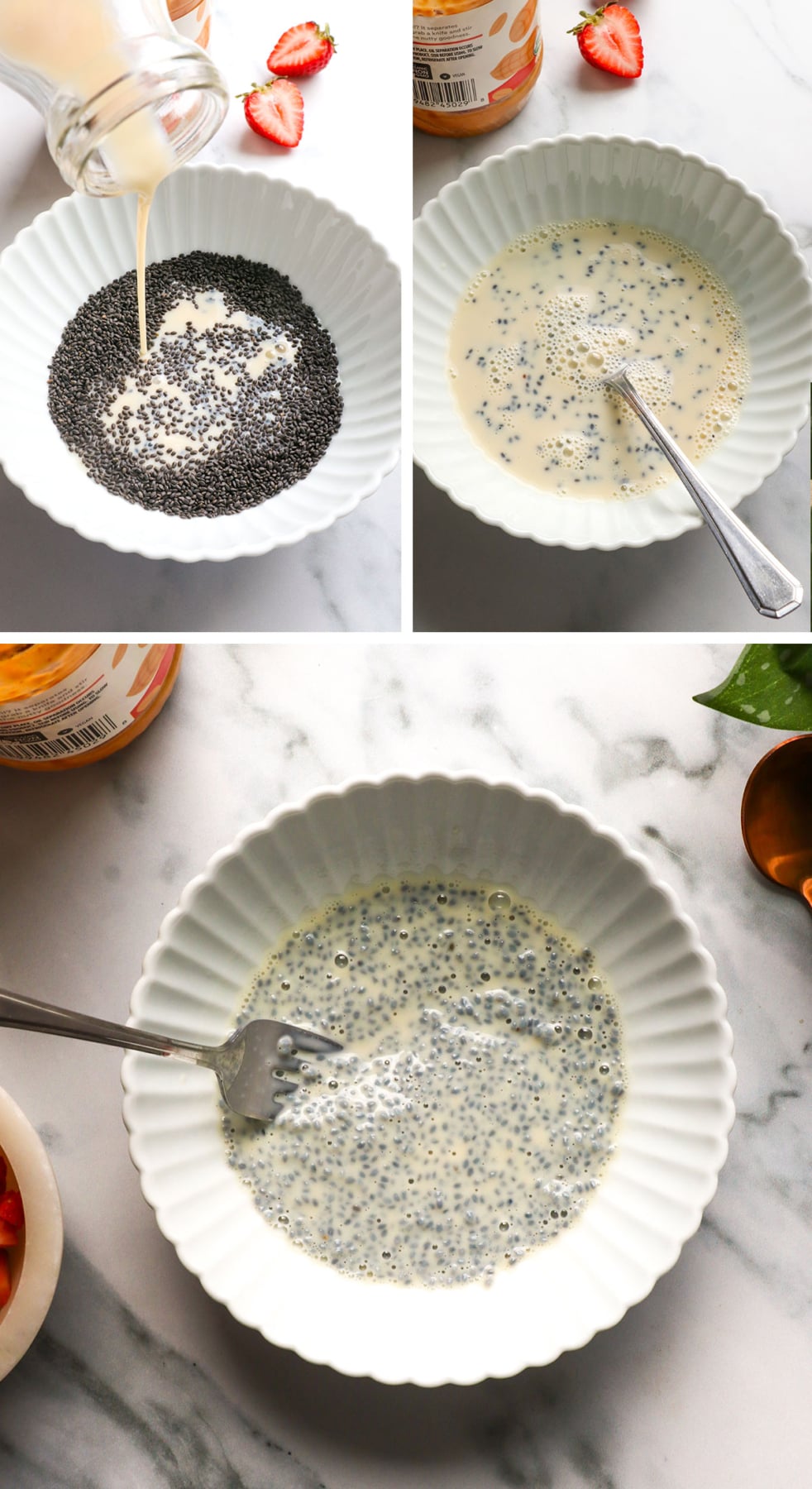 chia seeds mixed with milk in a bowl until thickened.