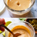 jalapeno sauce poured into a glass jar and lifted with a spoon.