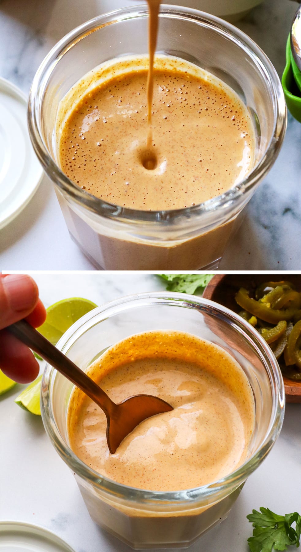 jalapeno sauce poured into a glass jar and lifted with a spoon.