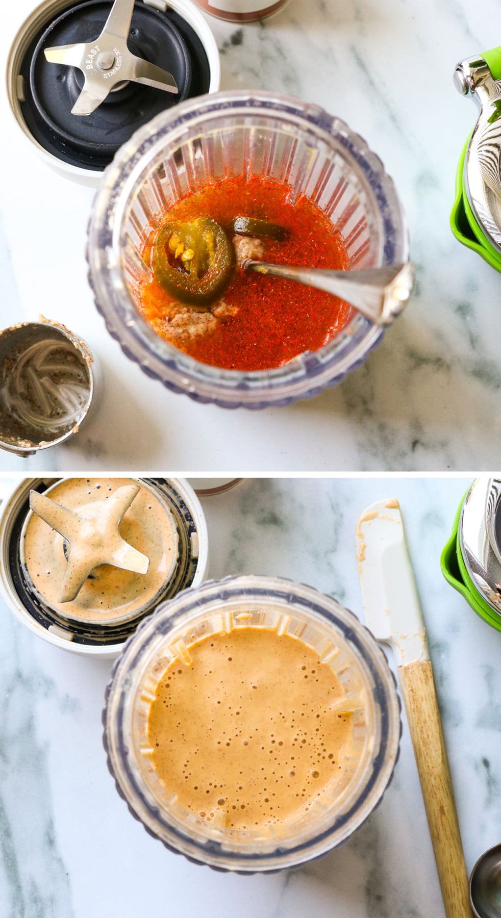 almond butter, water, jalapeno slices, and spices blended together.