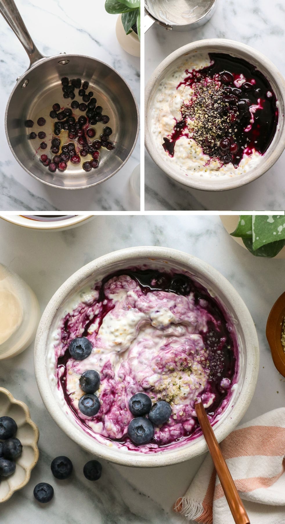 warmed berries in a saucepan and added to yogurt with hemp hearts in a bowl.