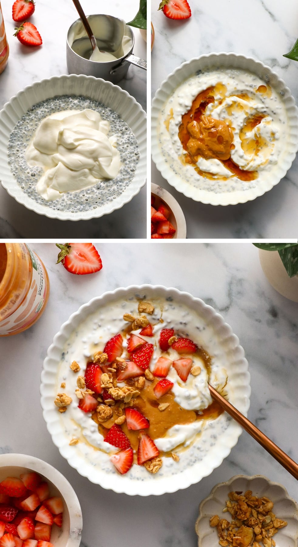 yogurt mixed into the chia seeds with various toppings.