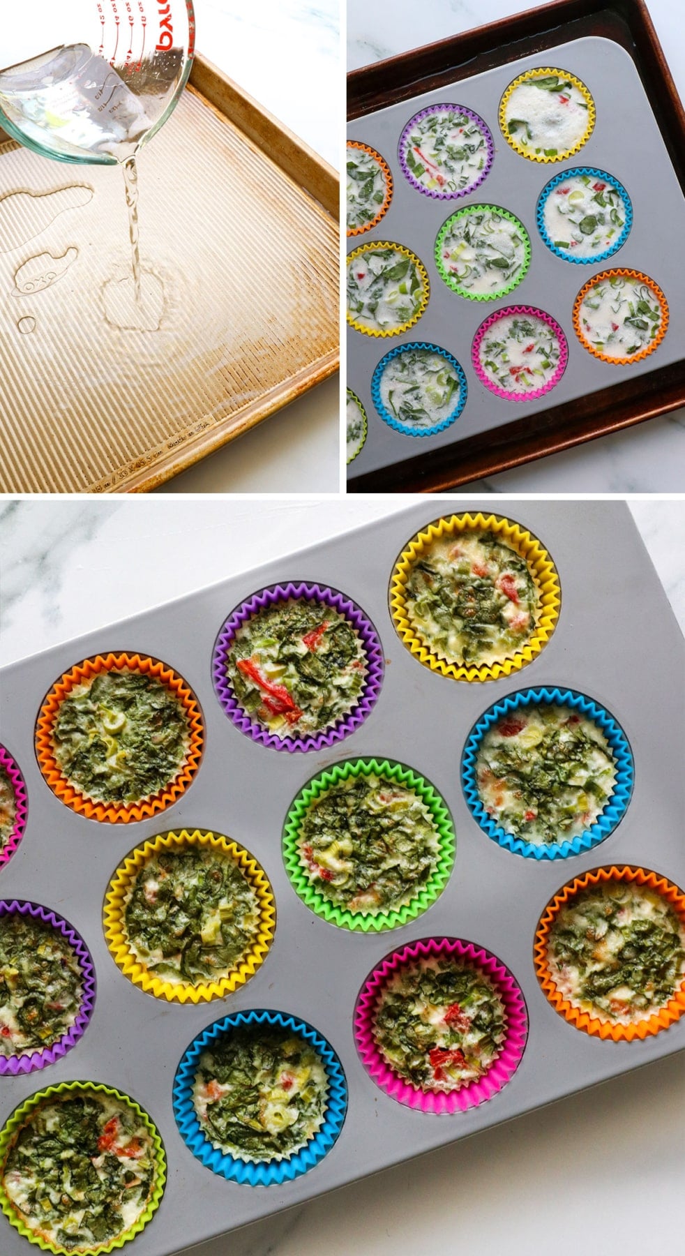 water added to a rimmed baking sheet with muffin pan added for a water bath. 