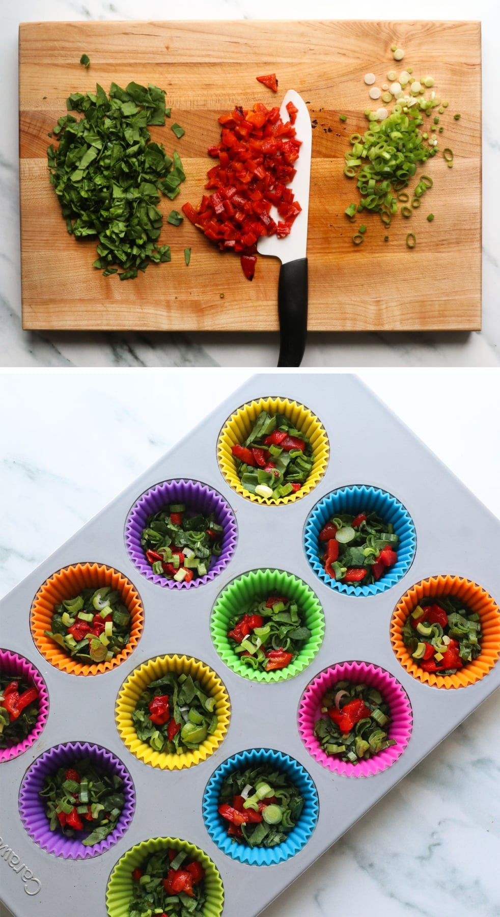 chopped red peppers and spinach on a cutting board and added to muffin cups. 