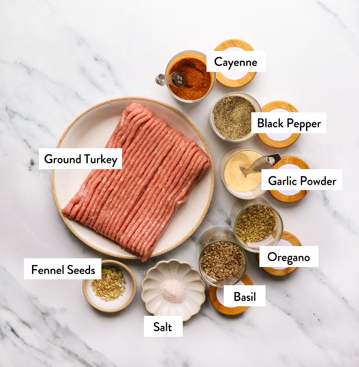 ground turkey on a plate near several jars of dried spices like garlic powder and fennel seeds.