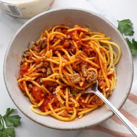 ground turkey sausage served with spaghetti and marinara sauce.