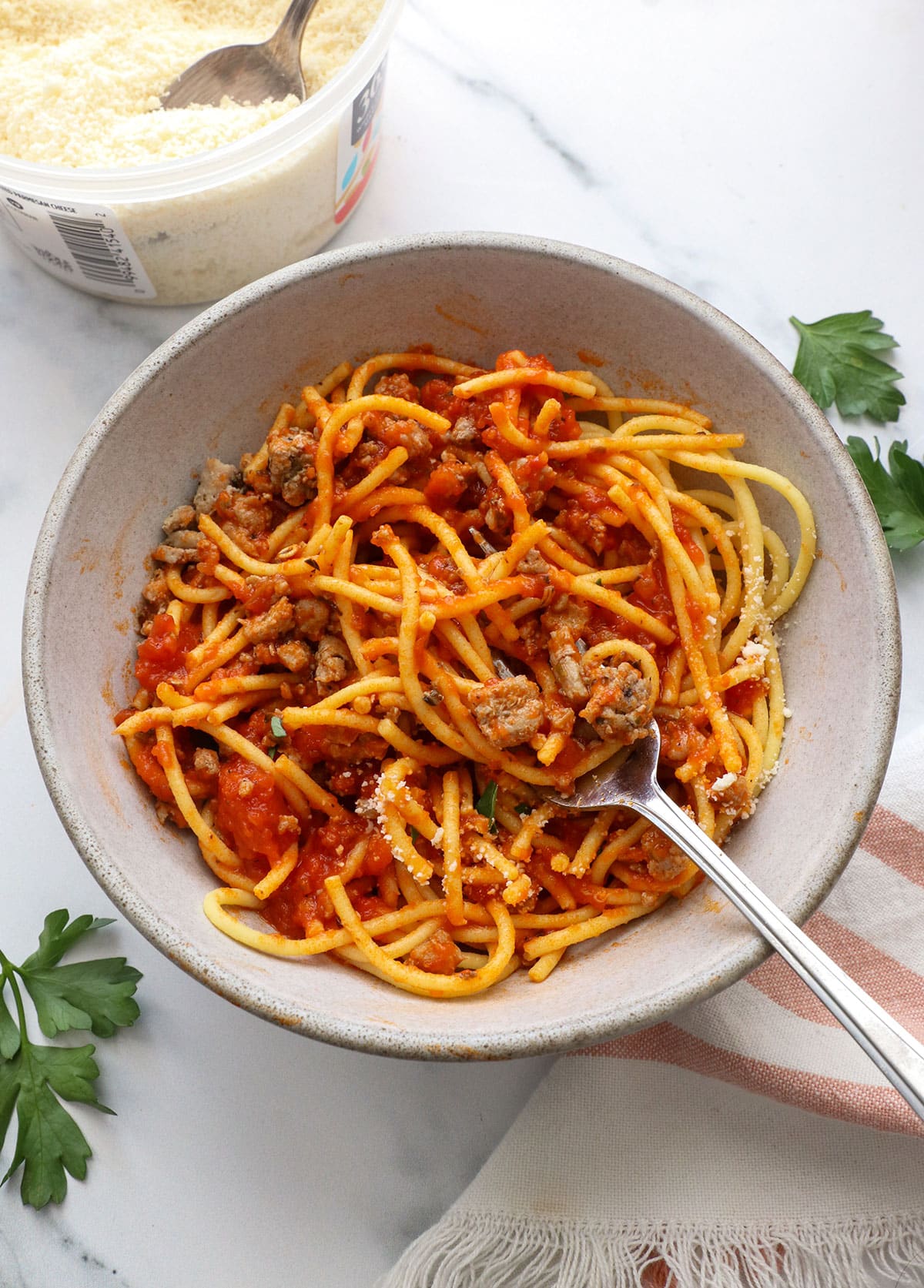 ground turkey sausage served with spaghetti and marinara sauce.